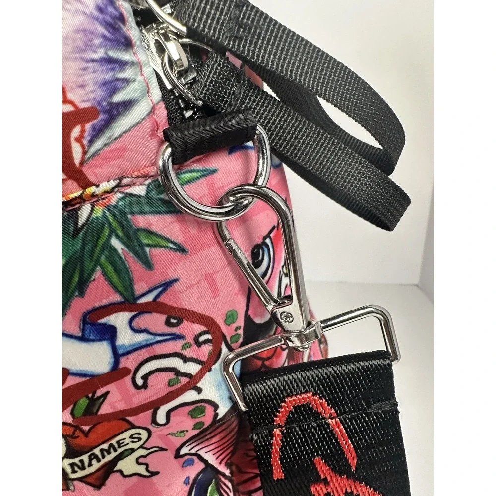 Ed Hardy Pink Tattoo Print Duffel Bag Kills Slowly Rhinestone Skull Weekender